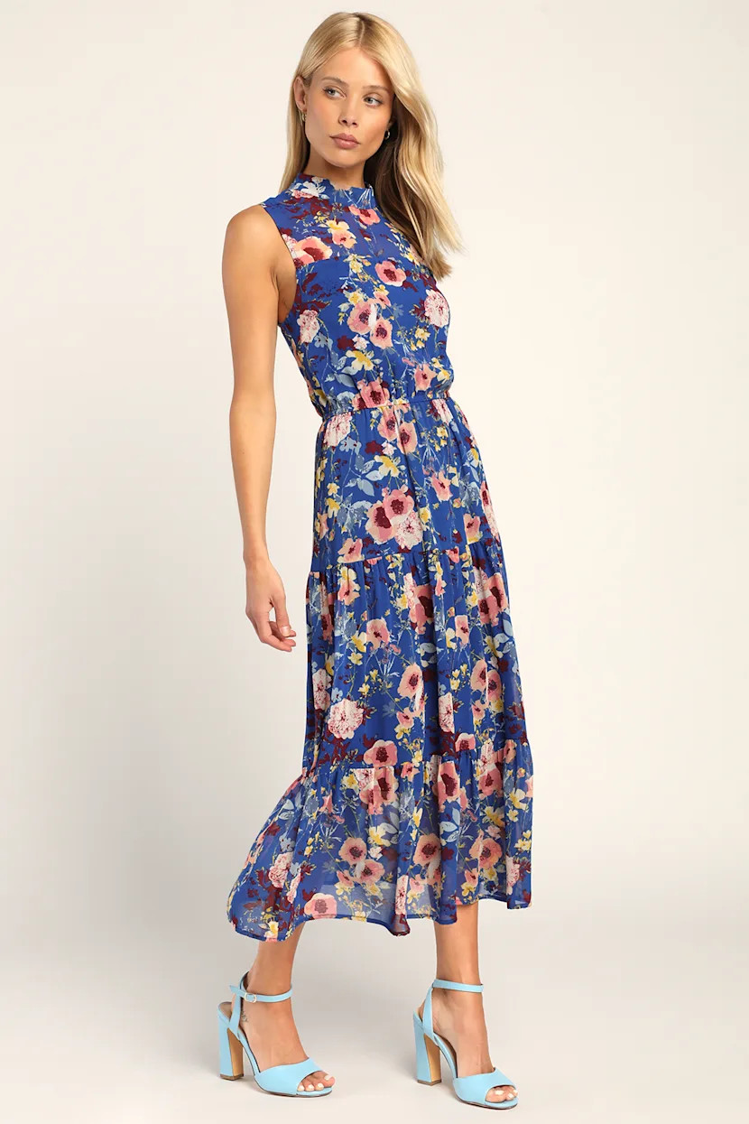 In My Dreams Blue Floral Print Midi Dress | Lulus