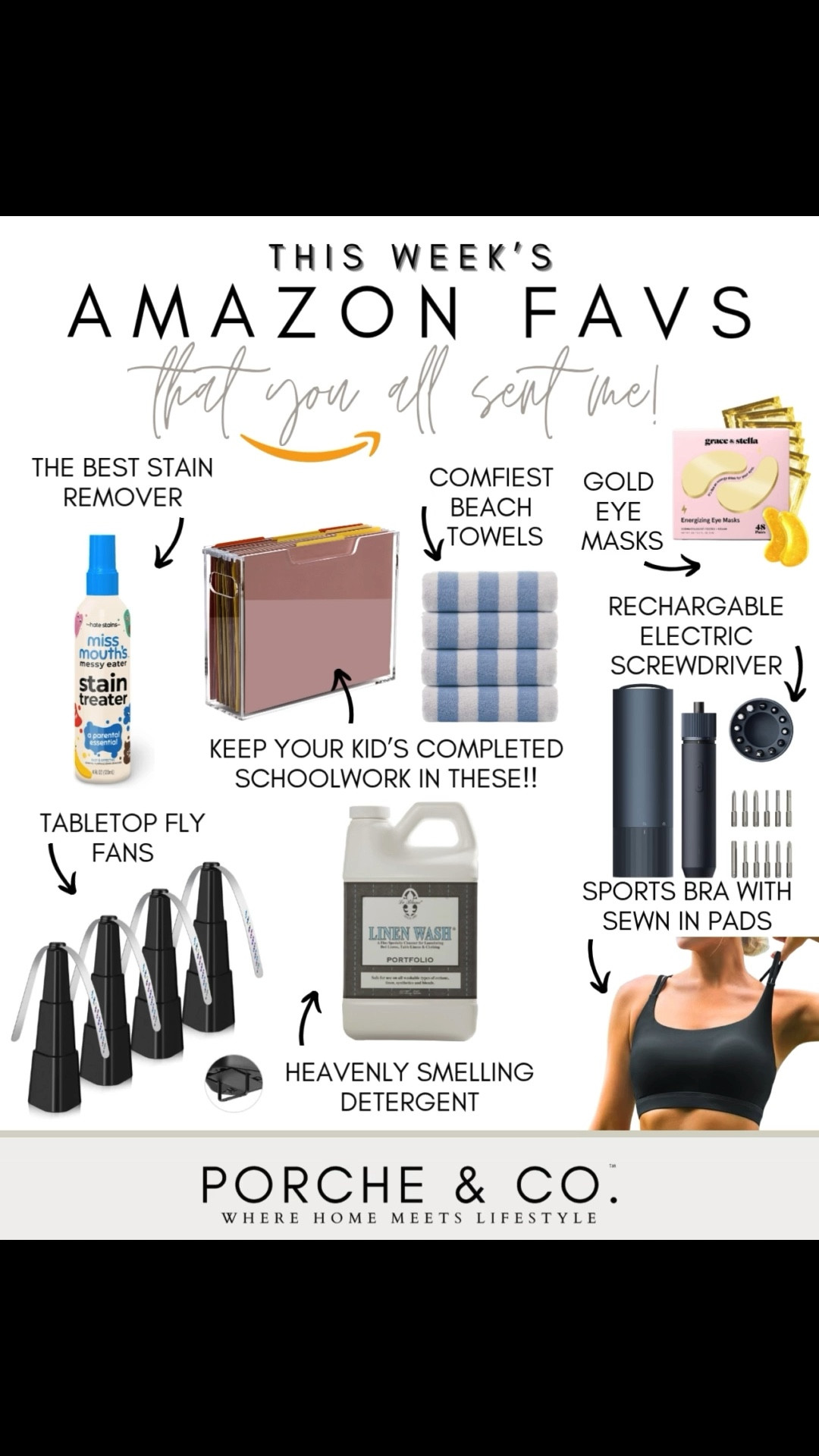 This Week’s Amazon Faves… as picked by YOU! 🤍 I asked during our Monday $50 Amazon Gift Card giveaway what your must-have Amazon items are—and these are the top picks you couldn’t stop raving about: ✨

🧼 The best stain remover for messy eaters (Miss Mouth’s is a game changer!)
📁 Acrylic file folder box to organize your kiddo’s schoolwork
🏖️ The comfiest striped beach towels
🥇 Gold under-eye masks that actually de-puff
🔧 Rechargeable electric screwdriver (add to cart now, trust me)
🪰 Tabletop fly fans—no more swatting during dinner
🧺 Linen-scented detergent that smells heavenly
🖤 A go-to sports bra with built-in pads—supportive + comfy

Your recs = spot on. I rounded everything up for easy shopping below 👇

#AmazonFavorites #LTKFinds #LTKAmazon #FoundItOnAmazon #porcheandco


Need help styling or interior design help inside your home?! Visit our Online Interior Design Studio and one of our designers would love to help! Secure your packages today 🏡 —> https://porcheandco.com/edesign

#LTKSaleAlert #LTKFindsUnder50 #LTKHome