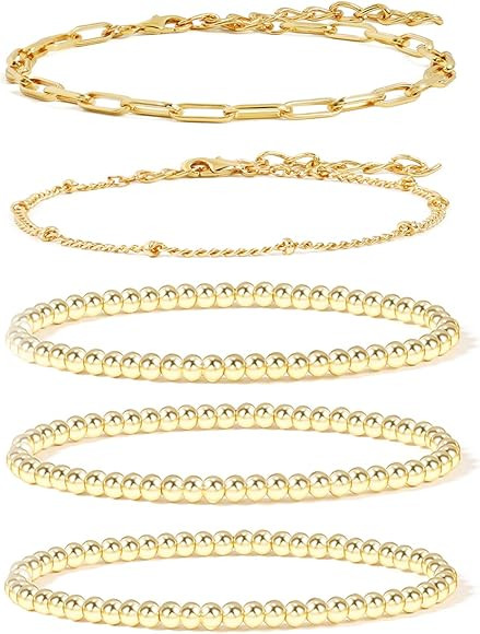 14K Gold Beaded Bracelets for Women,Dainty Gold Plated Chain Link Bracelet Stretchable Adjustable... | Amazon (US)