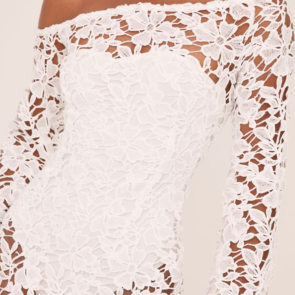 Long Sleeve One Shoulder Mini Bodycon Dress In White Textured Lace | EGO (UK)