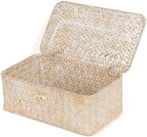 FEIALNDUO Wicker Shelf Baskets with Lid,Seagrass Storage Basket Bins Rectangular Handwoven Basket... | Amazon (US)
