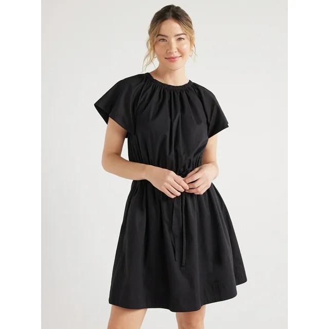 Free Assembly Women's Fit and Flare Denim Mini Dress with Flutter Sleeves, Sizes XS-XXL | Walmart (US)