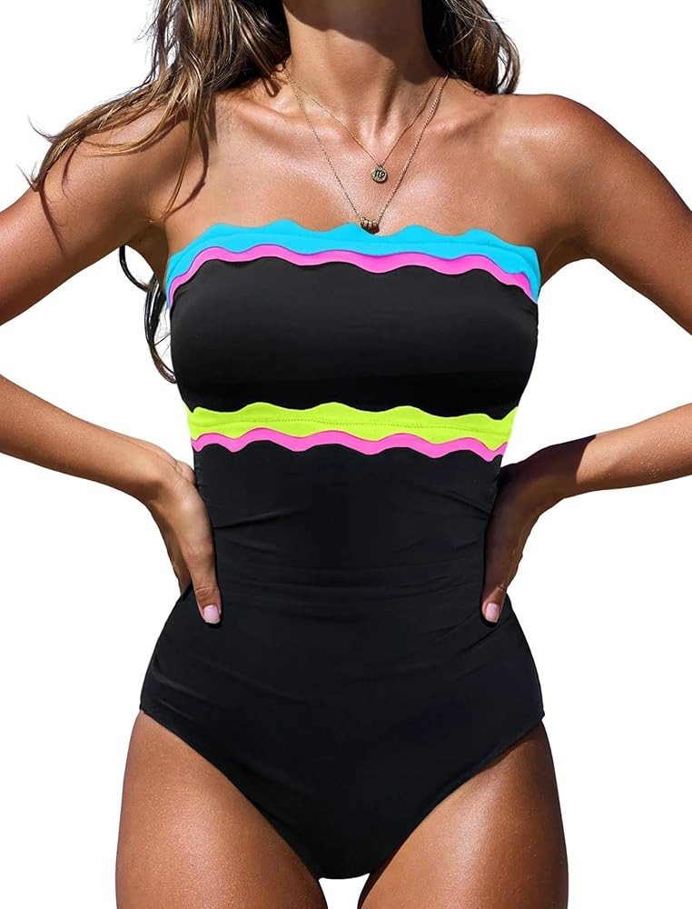 popvil One Piece Swimsuits for Women Tummy Control Strapless Bathing Suits 2026 Neon Bandeau Swim... | Amazon (US)