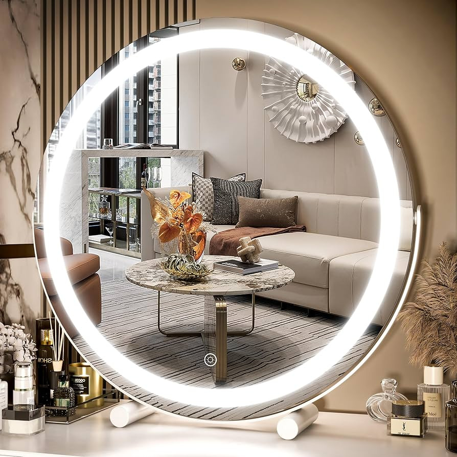 FENNIO 18 inch Large Vanity Mirror with Lights, Round LED Lighted Up Makeup Mirror, Large Makeup Mirror with Lights, Touch Screen with 3-Color Lighting Dimmable for Vanity Desk Tabletop, Bedroom | Amazon (US)