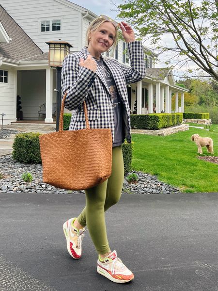 Spring outfit - lululemon leggings, Nike sneakers, bombas no show socks, Boden check blazer, Abercrombie tee, Amazon earrings. Madewell woven tote bag, Krewe summer sunglasses 

See more everyday casual outfits over on CLAIRELATELY.com 

#LTKShoeCrush #LTKWorkwear #LTKOver40