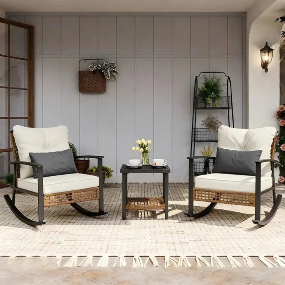 LAZZO 3 Pieces Patio Outdoor Conversation Set with Lumbar Pillows and  Coffee Table, PE Wicker Ro... | Walmart (US)