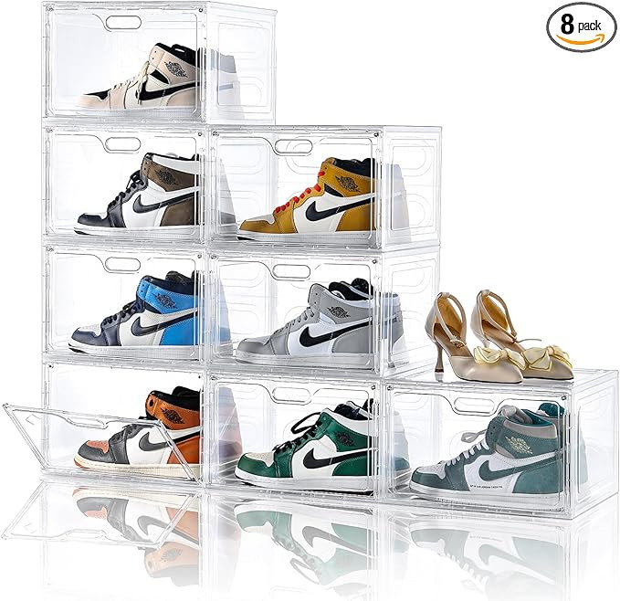 8 Pack Shoe Boxes Clear Plastic Stackable, Large Shoe Storage Organizer with Lids,Drop Side Shoe ... | Amazon (US)