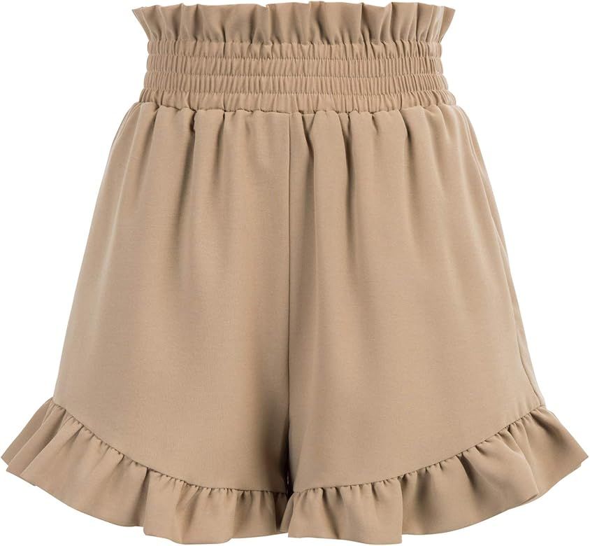 Women's Ruffle Hem Shorts Pleated Elastic Waist Casual Short Pants with Pockets | Amazon (US)