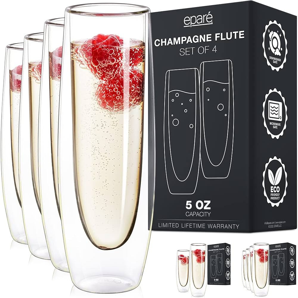 Glass Champagne Flutes - Set of 4 - Stemless Sparkling Champagne Glasses - 5 oz - Mimosa Flute Fo... | Amazon (US)