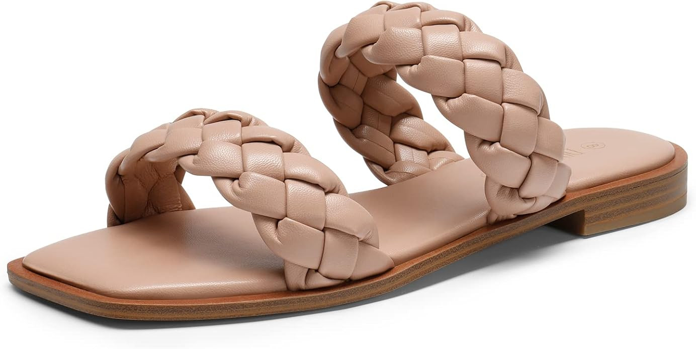 DREAM PAIRS Women's Braided Sandals Slip on Slides Two Straps Square Toe Dressy for Summer | Amazon (US)