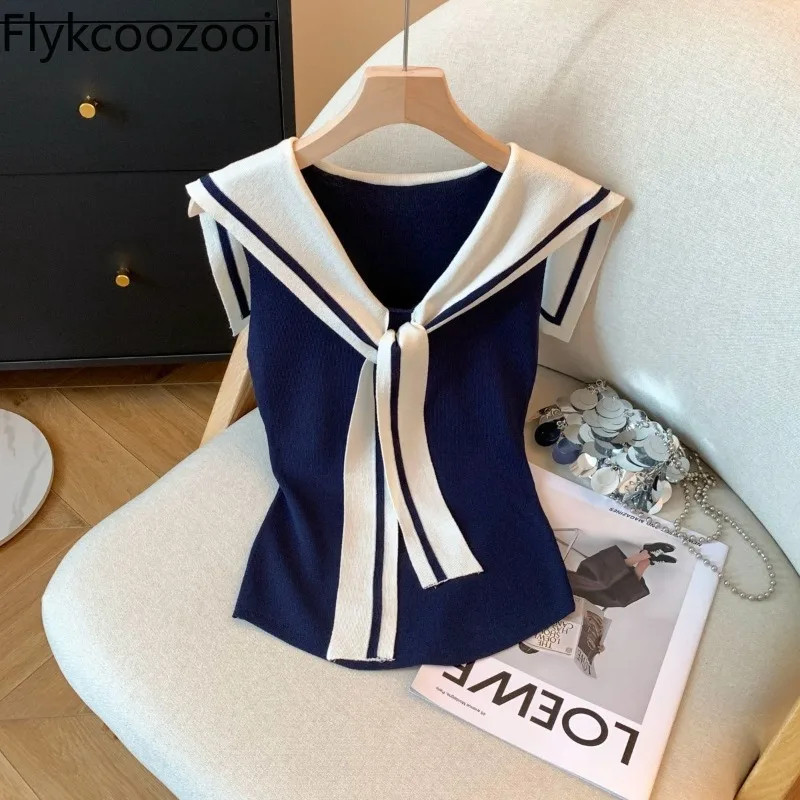 College Sailor Collar Contrast Thin Knitted Tank Top Women V-neck Sleeveless Slimming Shirt Summe... | AliExpress (US)