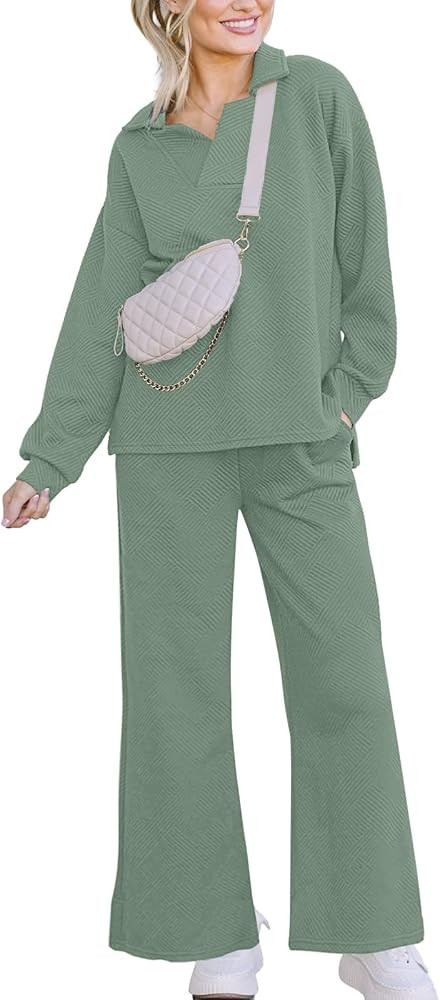 Lounge Sets for Women Two Piece Outfits Textured Sweatsuit Set Polo Sweatshirt Wide Leg Sweatpant... | Amazon (US)