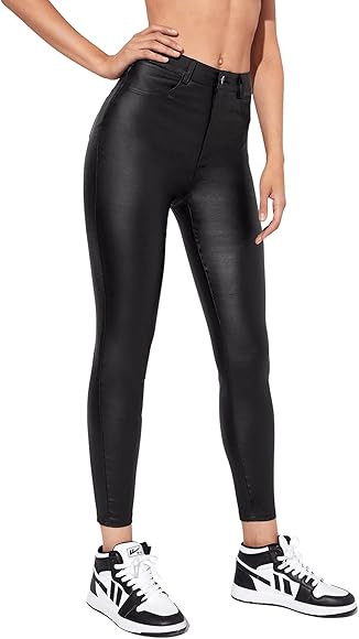 SweatyRocks Women's High Waist Skinny Jeans PU Leather Stretch Leggings Pants | Amazon (US)