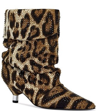 Azalea Wang Grimes Leopard Print Rhinestone Point Toe Slouch Kitten Heel Boots | Dillard's | Dillard's