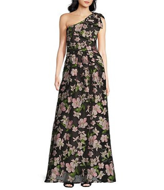 Abbey Glass Caroline Organza Floral Jacquard Asymmetrical Neck Sleeveless Bow One Shoulder Bow Po... | Dillard's