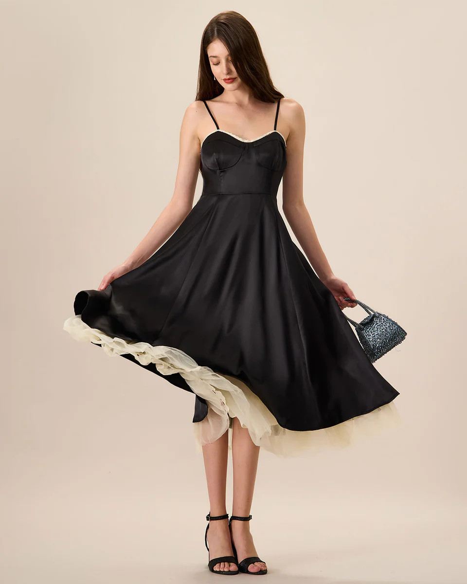 Women's Black Splicing Satin Slip Midi Dress | rihoas.com