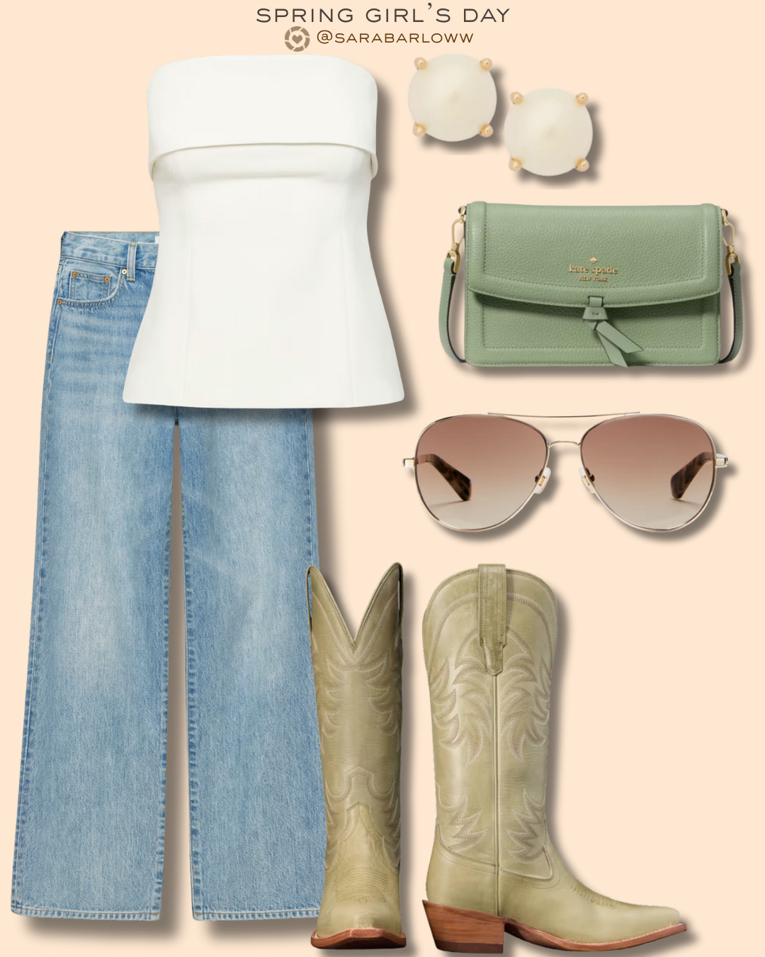 I'm in love with the new Annie boots from Tecovas in this gorgeous sage green color. It's perfect for spring and because they're Tecovas, they'll obviously last you years of cute outfits! Paired with this strapless white top and versatile jeans, this spring girl's day outfit is perfect!! 

#LTKShoeCrush 

 #LTKootd #LTKSaleAlert