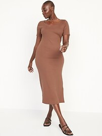 Fitted Short-Sleeve Rib-Knit Midi Dress for Women | Old Navy (US)