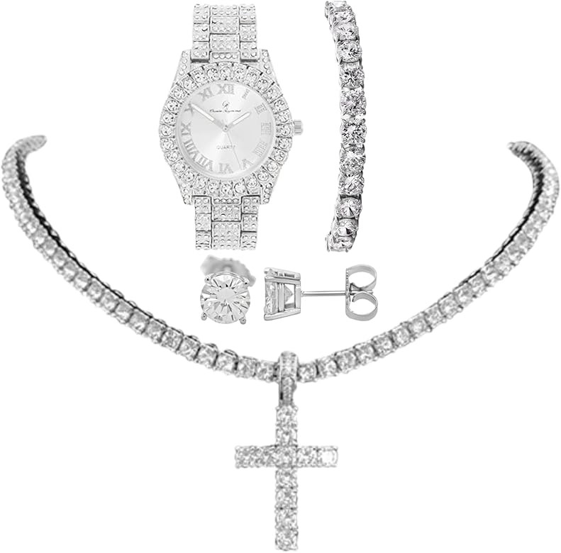 Women's Iced out Watches with Diamond Stud Earrings and Flawless blinged out Cross Tennis Necklace & | Amazon (US)