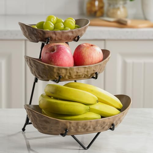 KOKUNKA 3 Tier Fruit Bowl for Kitchen Counter, Ceramic Fruit Basket with Metal Stand Tiered Fruit Display Set for Fruit, Vegetable, Cake, Dessert, Nuts, Snack, Brown | Amazon (US)