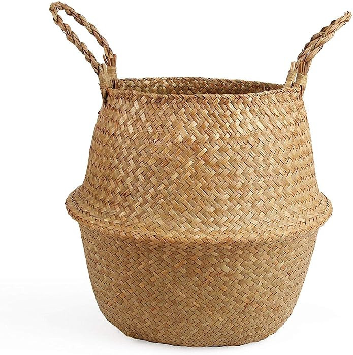 Woven Seagrass Belly Basket for Storage Plant Pot and Laundry, Picnic and Grocery Basket (Medium,... | Amazon (US)