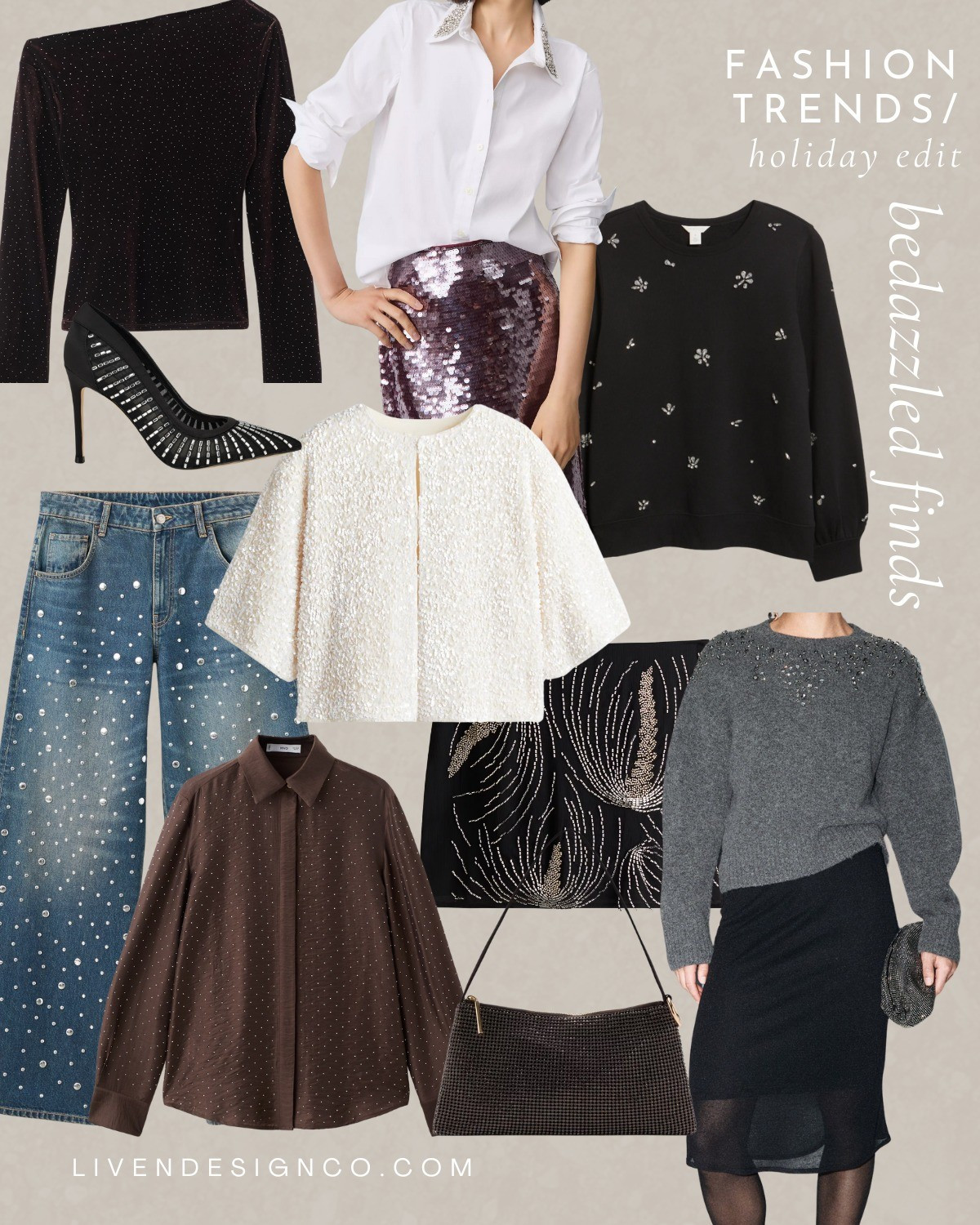 Bedazzled fashion. Holiday style. Studded jeans. Embellished sweater. Rhinestone jeans. Rhinestone sweater. Beaded cardigan. Sequin cardigan. Asymmetrical top. Rhinestone handbag. Rhinestone heels. Sparkle top. Embellished blouse. Sequin skirt. New Year's Eve 

#LTKHoliday #LTKSeasonal #LTKSaleAlert