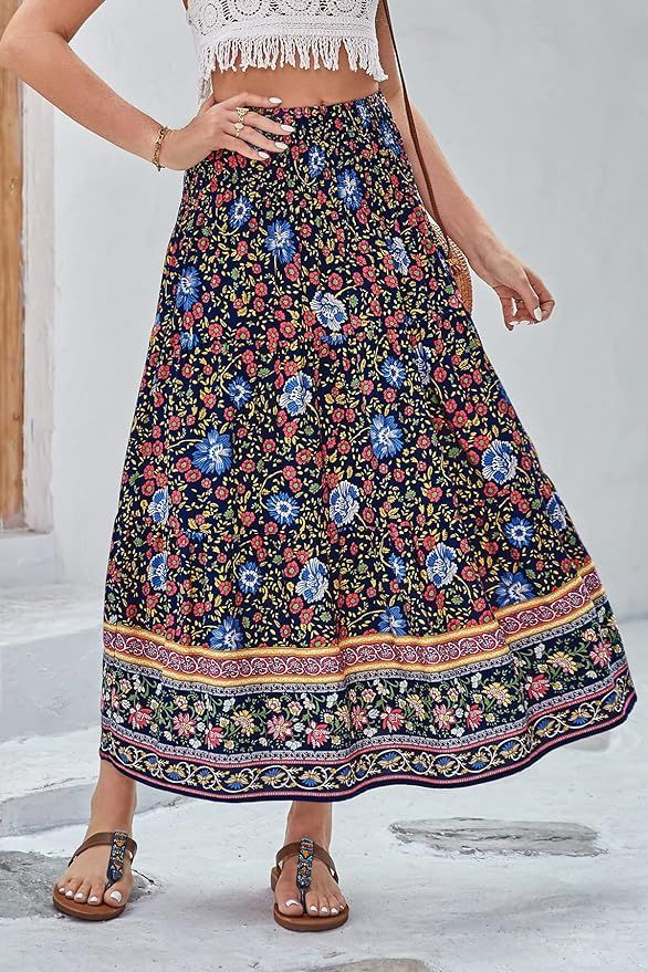 CFLONGE Women's 2024 Bohemian Long Skirts Flowy High Waist A Line Maxi Skirts for Women Summer Pl... | Amazon (US)