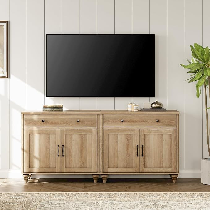 WAMPAT Farmhouse TV Stand for 75 inch TV with 4 Doors and 2 Drawers, Wood Universal TV Stand with... | Amazon (US)