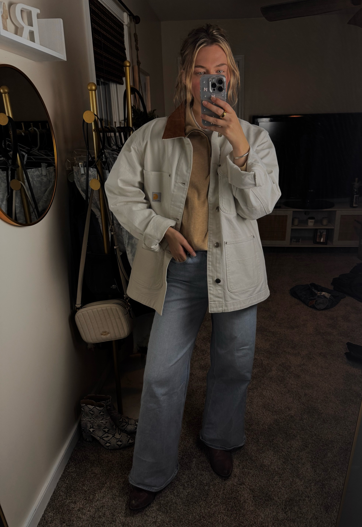 Winter style made easy with the perfect layered look! ❄️ The Carhartt chore coat adds an effortlessly cool vibe, while the beige oversized quarter-zip sweater keeps you cozy and chic all day long. 🧣 Pair it with high-rise wide-leg denim jeans for a flattering, relaxed fit that’s perfect for any casual outing. 🦵 Finish off the outfit with the cafe-colored Tecovas boots for a touch of sophistication and comfort in every step. Whether you’re running errands or grabbing coffee, this outfit has you covered! Shop these must-have pieces now for the ultimate winter wardrobe upgrade. 🛒 #WinterLayers #CarharttChoreCoat #WideLegJeans #OversizedSweater #TecovasBoots #CasualChic #LTKFinds #WinterStyle #ComfyAndChic 

#LTKSaleAlert #LTKShoeCrush #LTKStyleTip