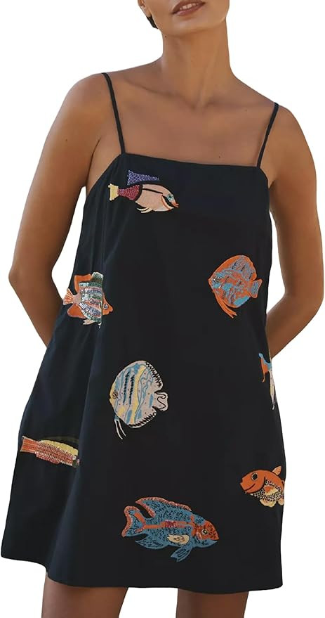 Women Boho Mini Cami Dress Graffiti Spaghetti Strap Aline Fruit Dress Cute Colofrul Short Beach S... | Amazon (US)