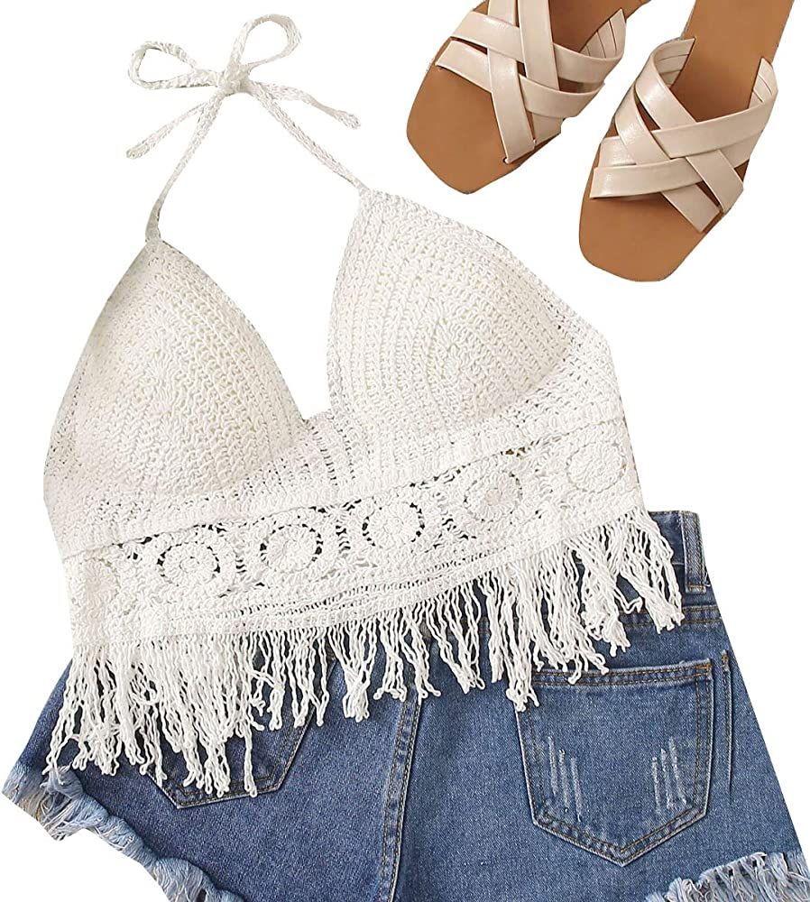 MakeMeChic Women's Summer Boho Crochet Backless Bikini Halter Crop Top Swimsuit Swimwear | Amazon (US)