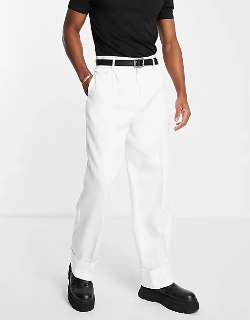 ASOS DESIGN high waist wide leg turn up smart pants in white texture | ASOS (Global)