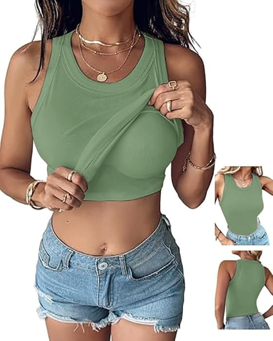 CHICME Women Built-in Bra Tank Tops Sleeveless Racerback Ribbed Fitted Tops | Amazon (US)