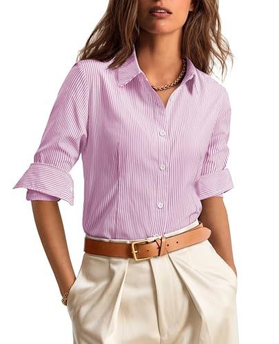 siliteelon Striped Button Down Shirts for Women Dress Shirts Long Sleeve Collared Casual Office Work Blouses Tops Pink | Amazon (US)
