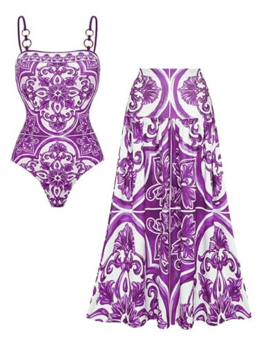 FLAXMAKER Women's One Piece Sling Classic Majolica Adjustable Bathing Suits Back Lace up Swimsuit with Skirt/Shorts(Purple Skirt,S) | Amazon (US)