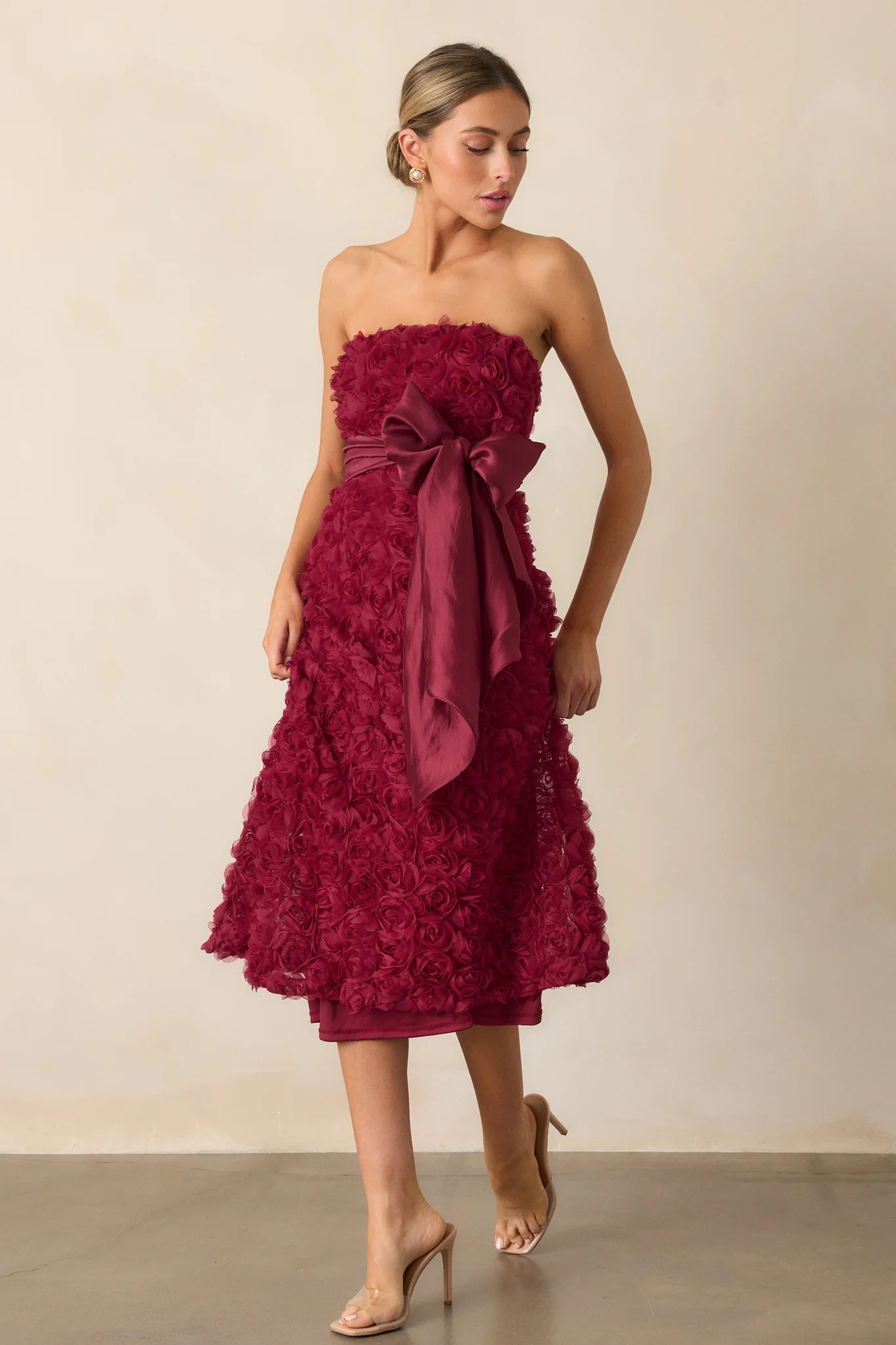 Raising The Bar Wine Floral Applique Midi Dress | Red Dress