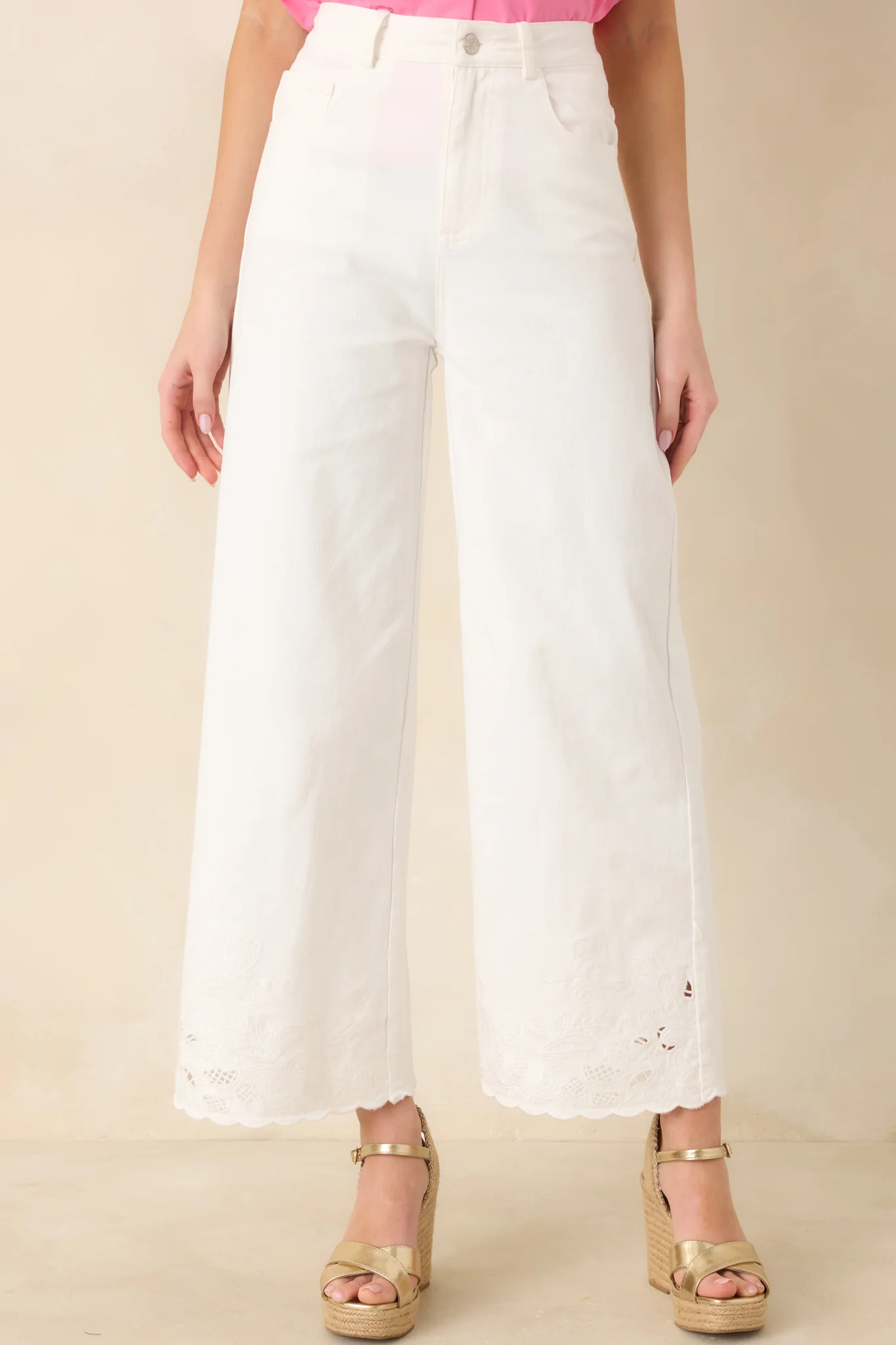 Whispers of Elegance Ivory Embroidered Lace Trim Cotton Pants | Red Dress