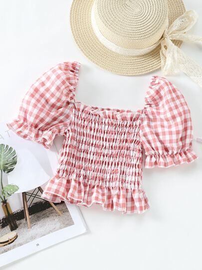 Toddler Girls Gingham Square Neck Frill Trim Blouse | SHEIN