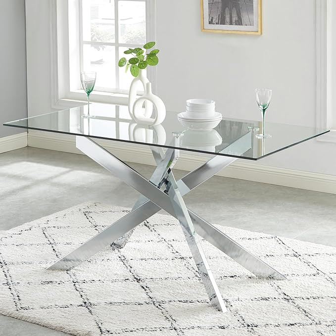 Edwin's Choice 58.5” Rectangle Glass Dining Table, Tempered Glass Tabletop and Metal Tubular Le... | Amazon (US)
