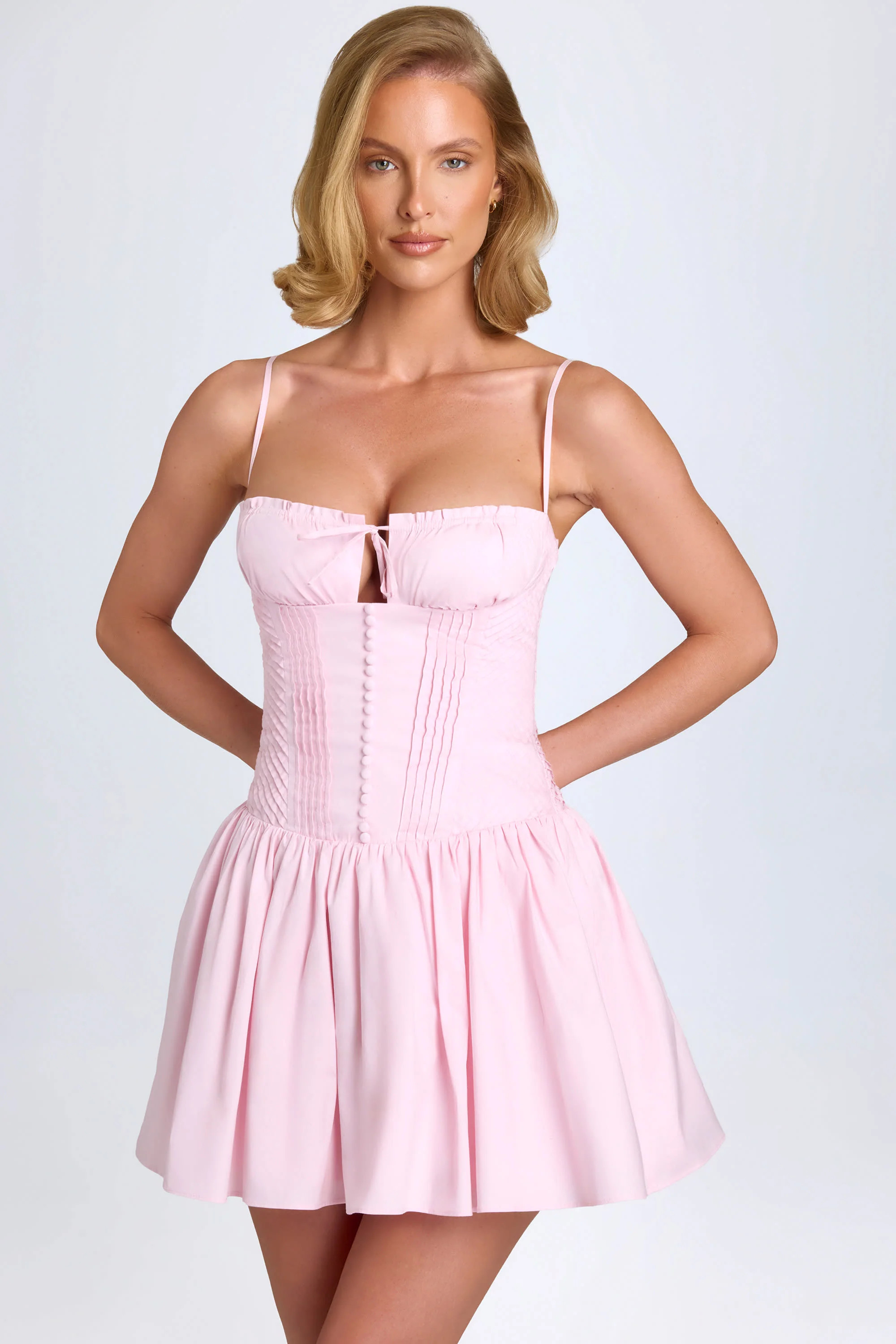 Pintucked Shirred Mini Dress in Blush | Oh Polly