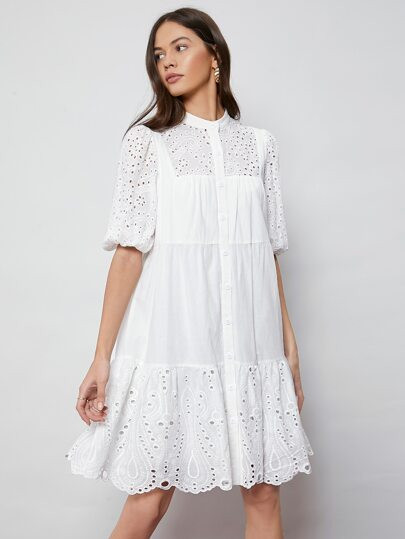 SHEIN Puff Sleeve Schiffy Smock Dress Without Belt | SHEIN