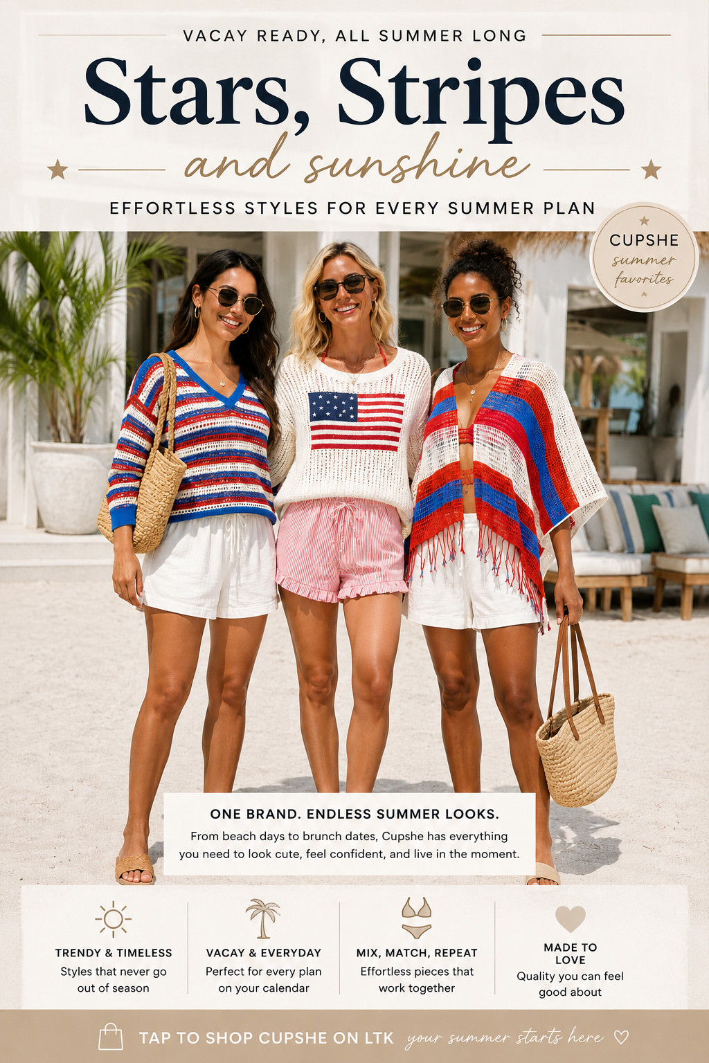 @Cupshe Elevated Swim | Red, White & Blue Crochet Swimsuit Cover Ups & Shorts

Stars, stripes, and sunshine-ready coverups that make summer outfits feel festive, effortless, and instantly vacation-ready 🇺🇸

These CUPSHE coverup tops and beach outfits are such good summer finds if you want patriotic pieces that still feel cute, wearable, and easy to style beyond just Fourth of July weekend.

The red, white, blue, crochet, striped, and flag-inspired details are what make this edit stand out — perfect for beach days, pool parties, lake weekends, boat days, summer BBQs, resort trips, vacation packing, and every sunny plan where you want an easy outfit that still looks intentional.

What I love about these is that they give festive summer style without feeling overdone!!

They’re the kind of pieces you can throw over a swimsuit and instantly look styled, whether you’re heading from the pool to lunch, walking the beach, grabbing drinks, packing for a girls’ trip, or building a cute Fourth of July outfit that doesn’t feel costume-y.

The coverup tops make getting dressed so much easier because they do the styling for you — pair with white shorts, denim cutoffs, linen pants, sandals, a raffia tote, sunglasses, or a straw hat for that effortless beach-to-brunch look.

These are especially good if you want affordable CUPSHE summer outfits that feel trendy, timeless, vacation-ready, and easy to mix, match, and rewear all season.

I did the digging for you — if you’ve been wanting cute CUPSHE coverups, patriotic summer outfits, Fourth of July outfit ideas, red white and blue beach outfits, crochet coverups, striped beach tops, or vacation pieces that still look elevated, these are the styles I’d check first before sizes and prints start moving!!

📌 SAVE this for Fourth of July outfits, beach days, and summer vacation packing.

↓ Everything is linked!

#LTKSaleAlert #LTKSwim #LTKTravel