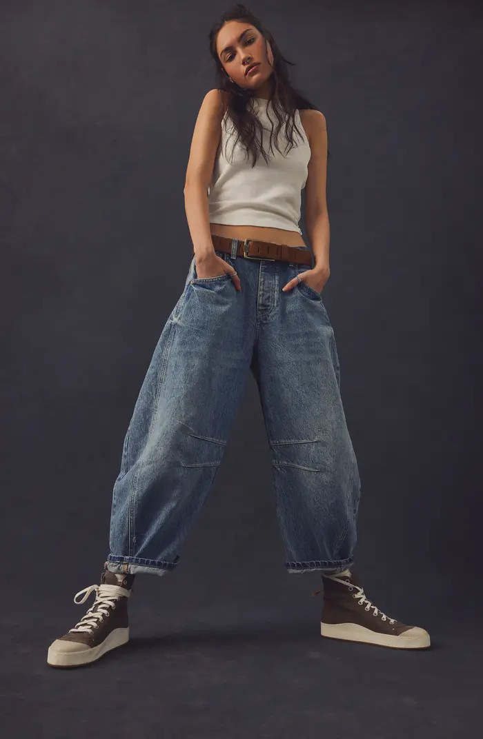 Free People Good Luck Mid Rise Barrel Leg Jeans in Barnyard Blue at Nordstrom, Size 26 | Nordstrom