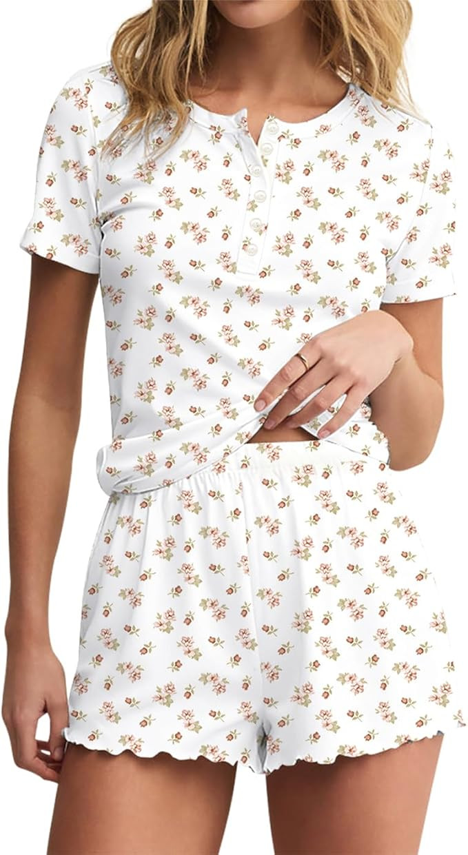 Lacozy Cute Pajama Sets for Women 2 Piece Short Sleeve Floral Print Button Shirt and Short Pj Set... | Amazon (US)