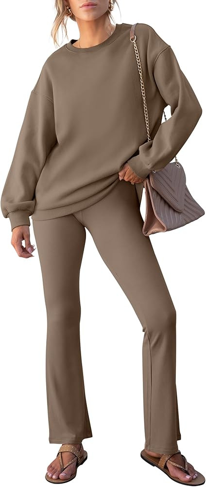 ANRABESS Women 2 Piece Sweatsuits Lounge Set Oversized Fleece Crewneck Sweatshirts Flare Pants 20... | Amazon (US)