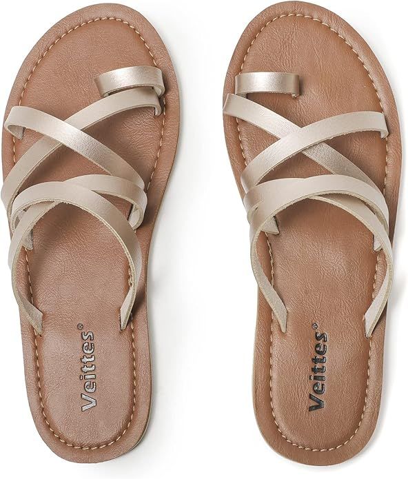 Veittes Women's Flat Sandals, Lady Slip on Toe Ring Cross Summer Slide Sandals Shoes. | Amazon (US)