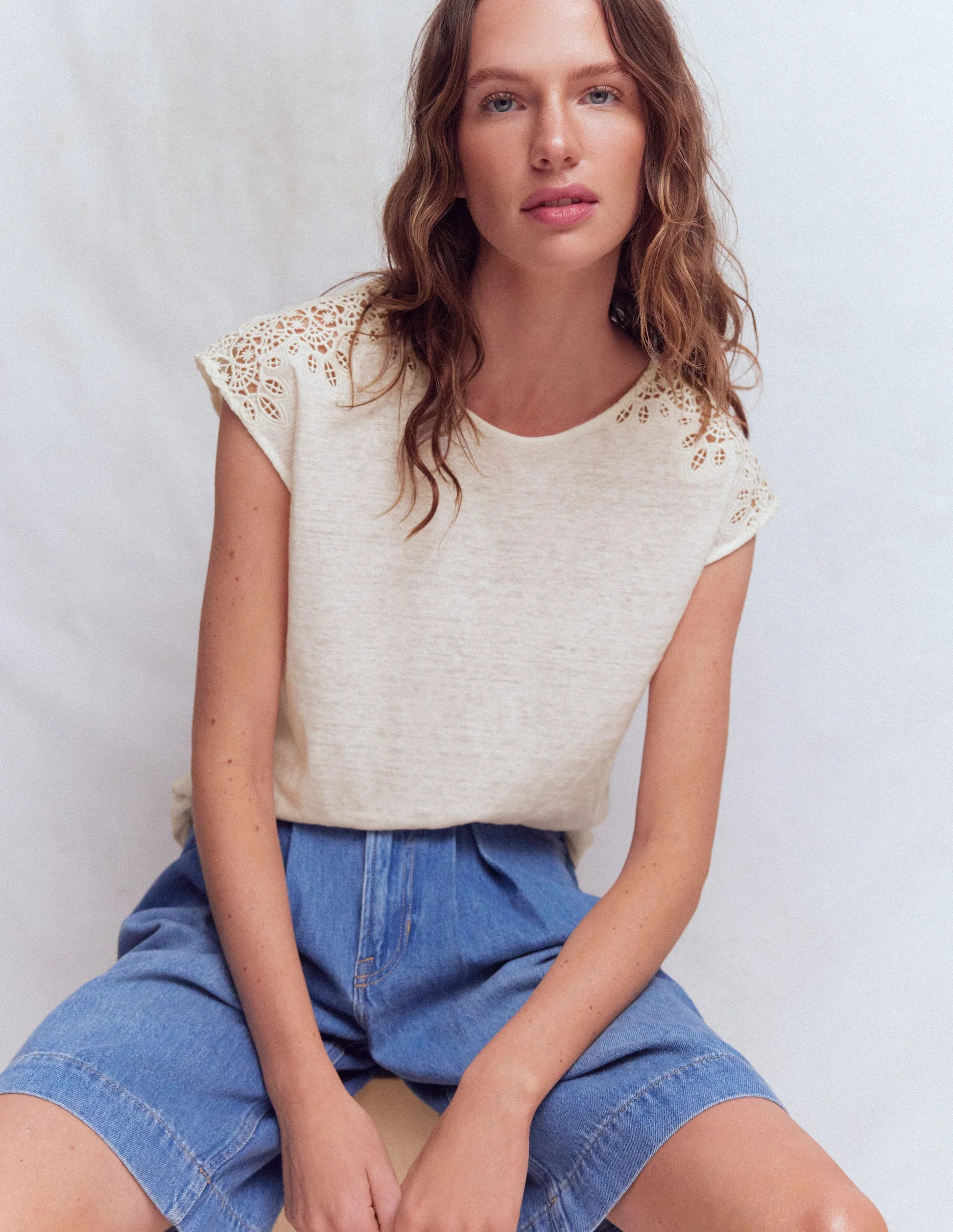 Tara Cutwork Linen Tee-Ivory | Boden (US)