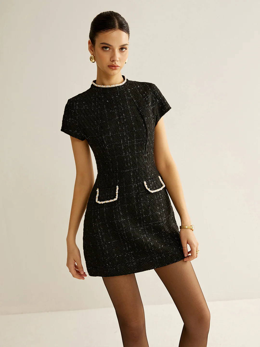 Elegant Short Sleeve Tweed Dress | Commense