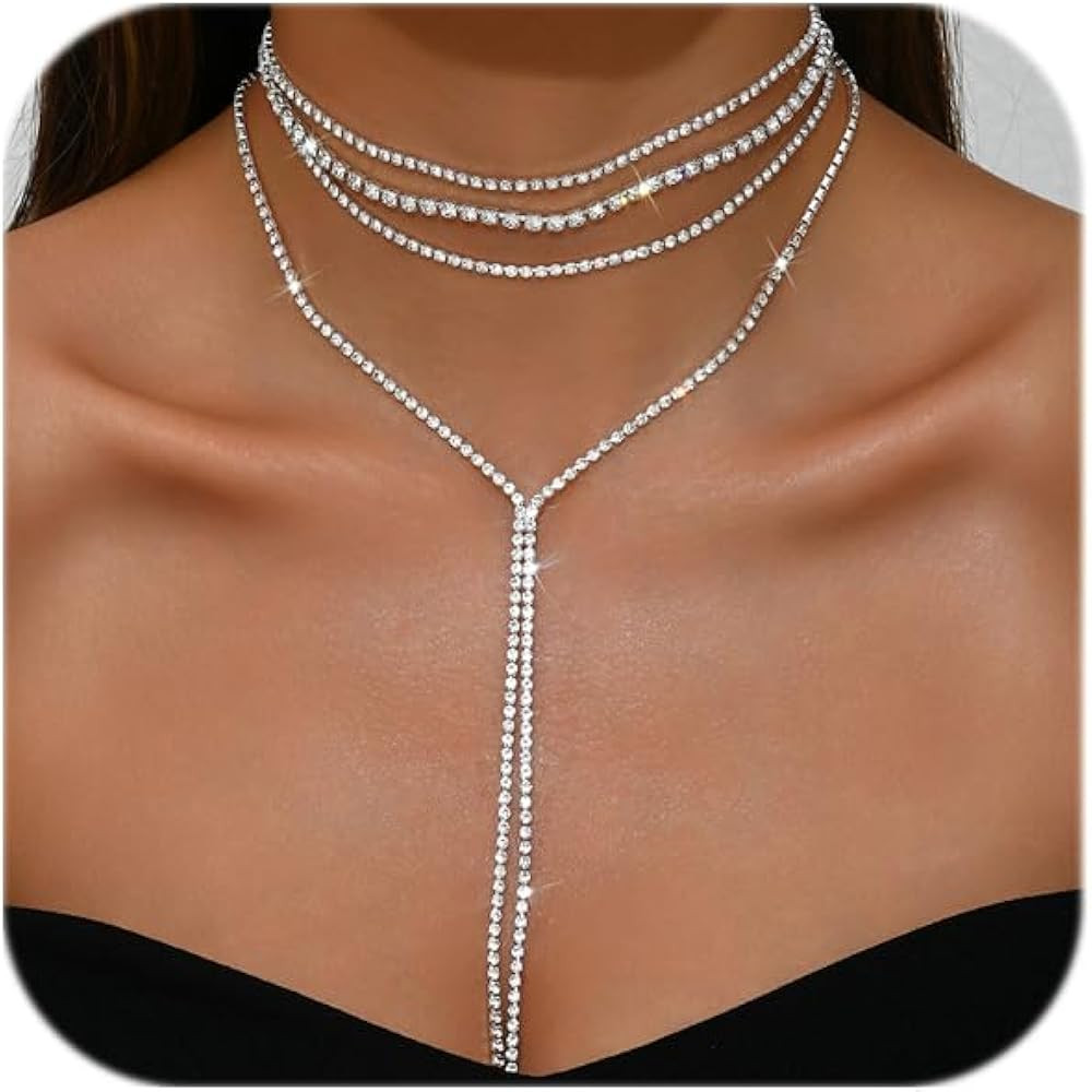 Layered Sexy Choker Necklace Rhinestone Statement Necklace Multilayered Y Long Rhinestones Choker... | Amazon (US)