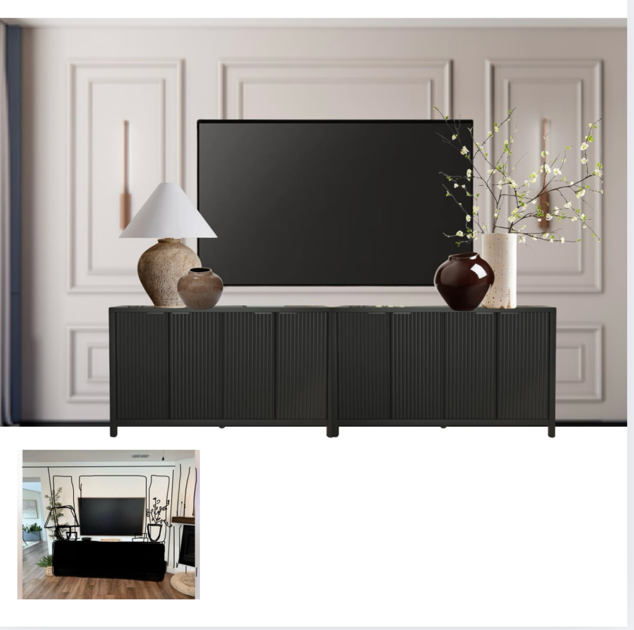 Lacy’s TV wall 

I recommend that she get a larger console table/accent cabinet. Here I recommend two 55” side by side. 
I also suggested wainscoting minus the wall sconces. 

A table lamp and oversized branches help anchor her tv  

#LTKHome #LTKFindsUnder100 #LTKFindsUnder50